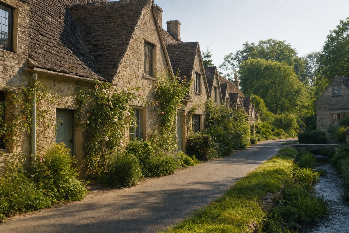 A honey-stone village lane in the Cotswolds countryside