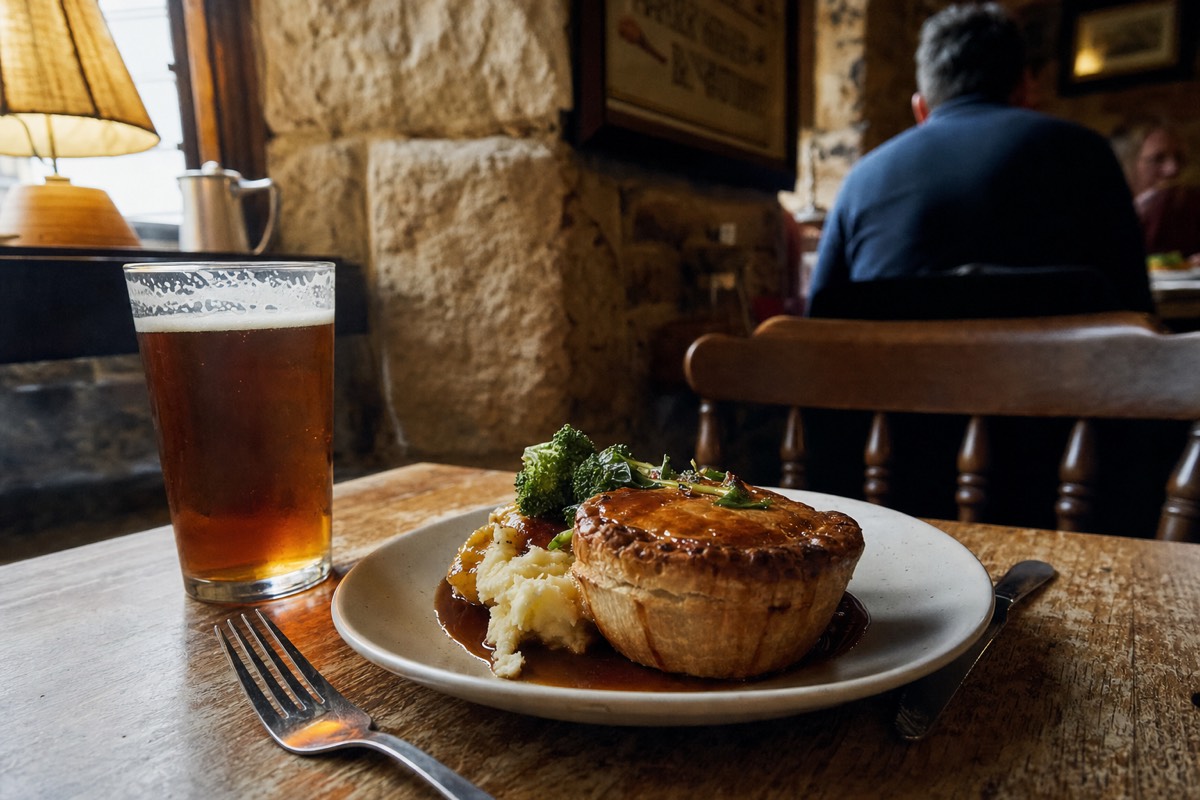 A hearty pub lunch on a wooden table