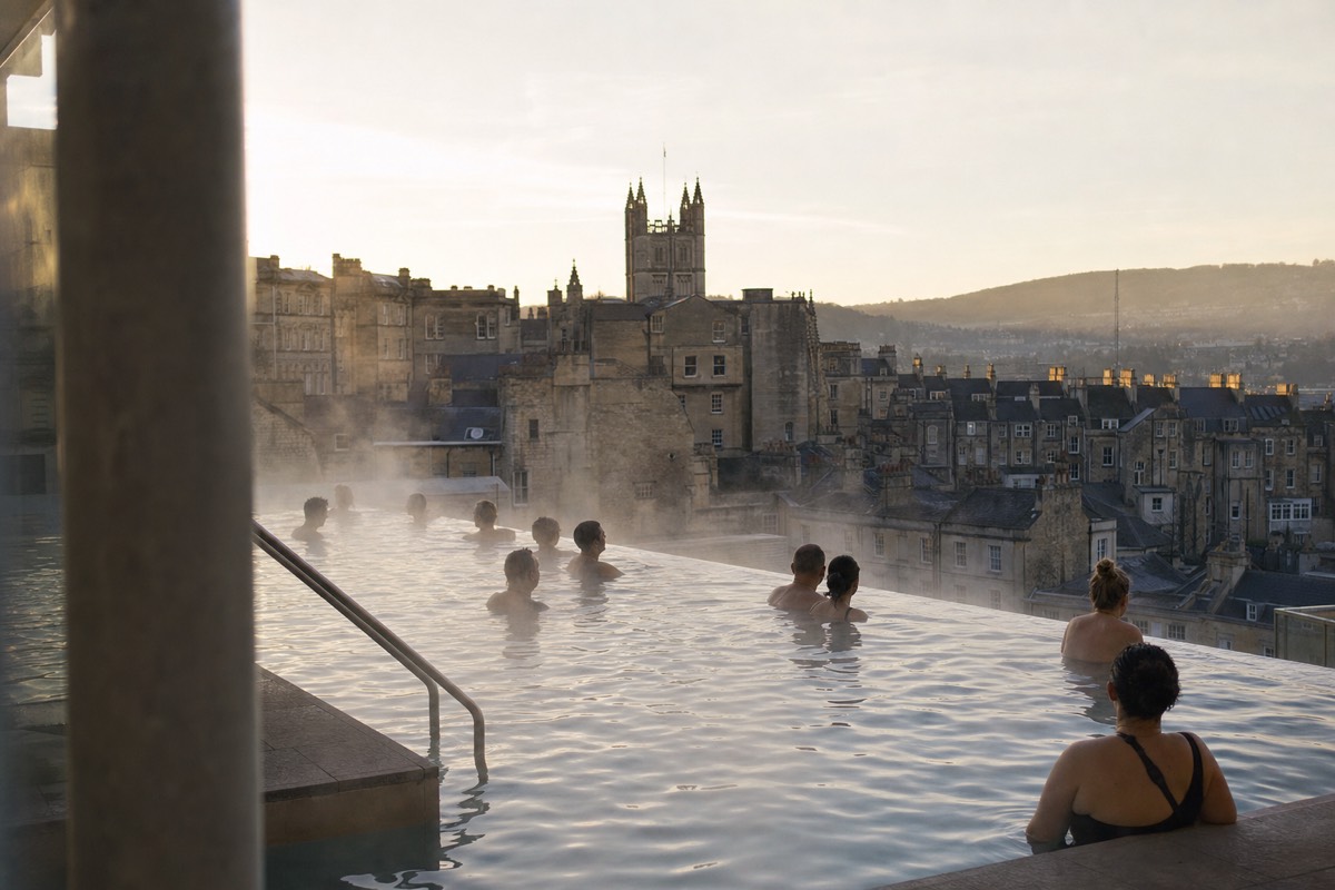 A warm open-air rooftop spa pool with a city skyline beyond
