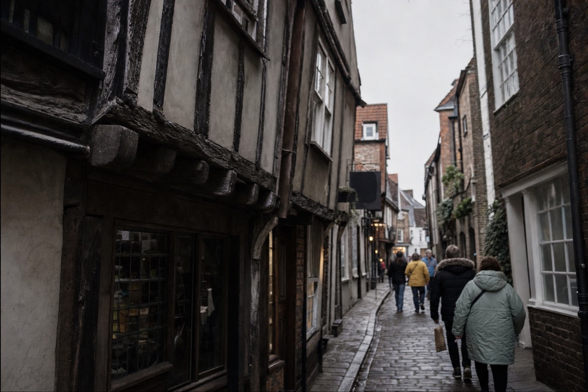 Overhanging timber-framed buildings leaning over a narrow medieval shopping street