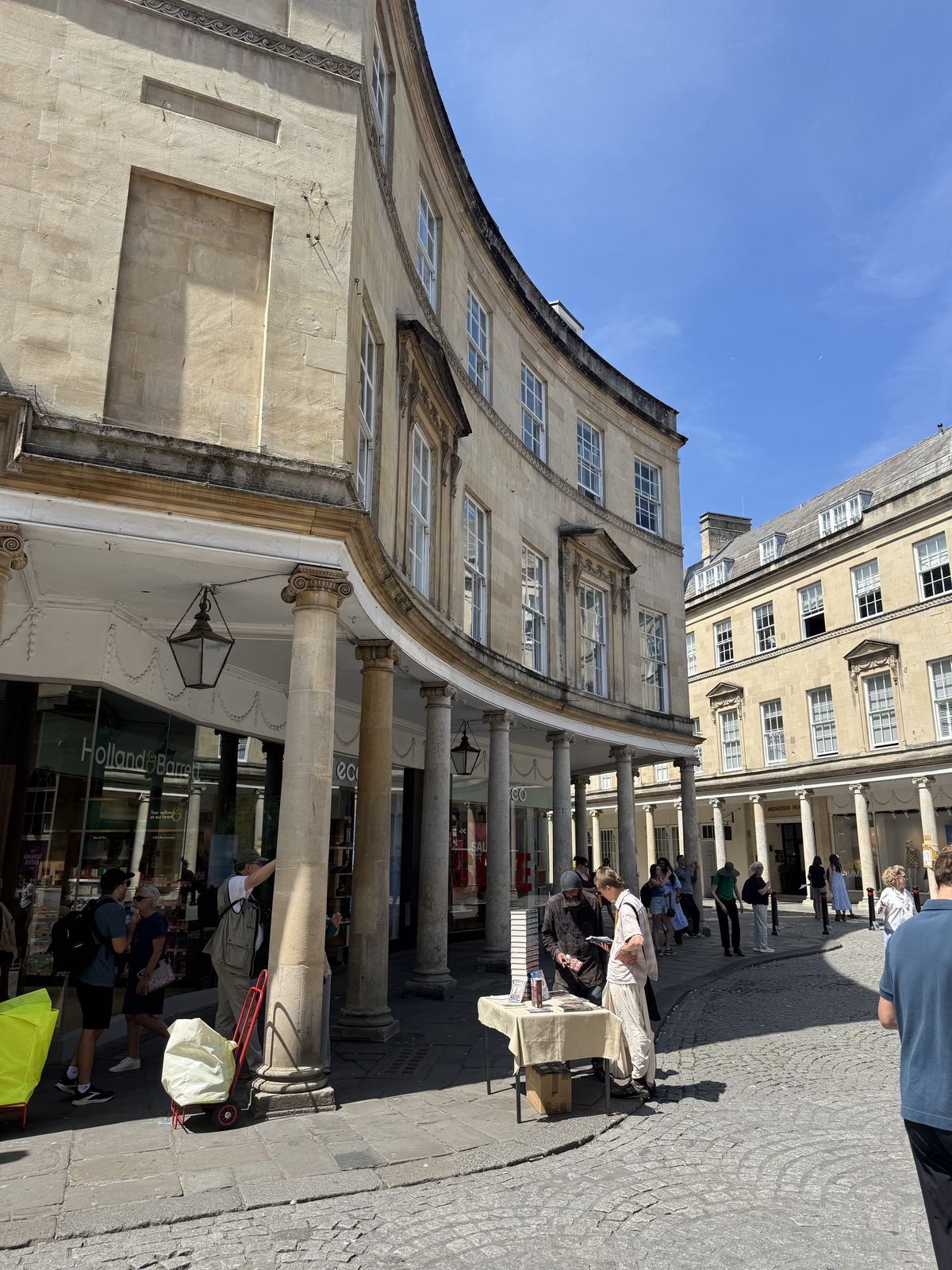 A curved colonnaded street in the centre of Bath